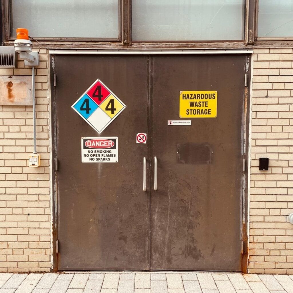 a brown door with a sign on the side of it